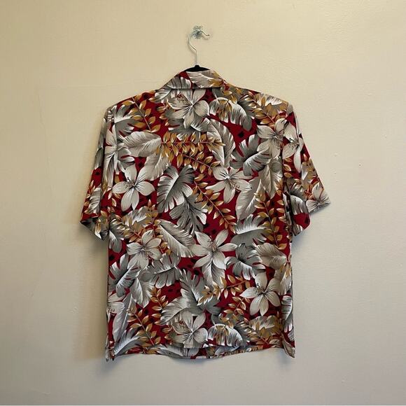 Vintage L Hawaiian button down blouse gray red orange tropical Tan Jay polyester - Picture 5 of 7